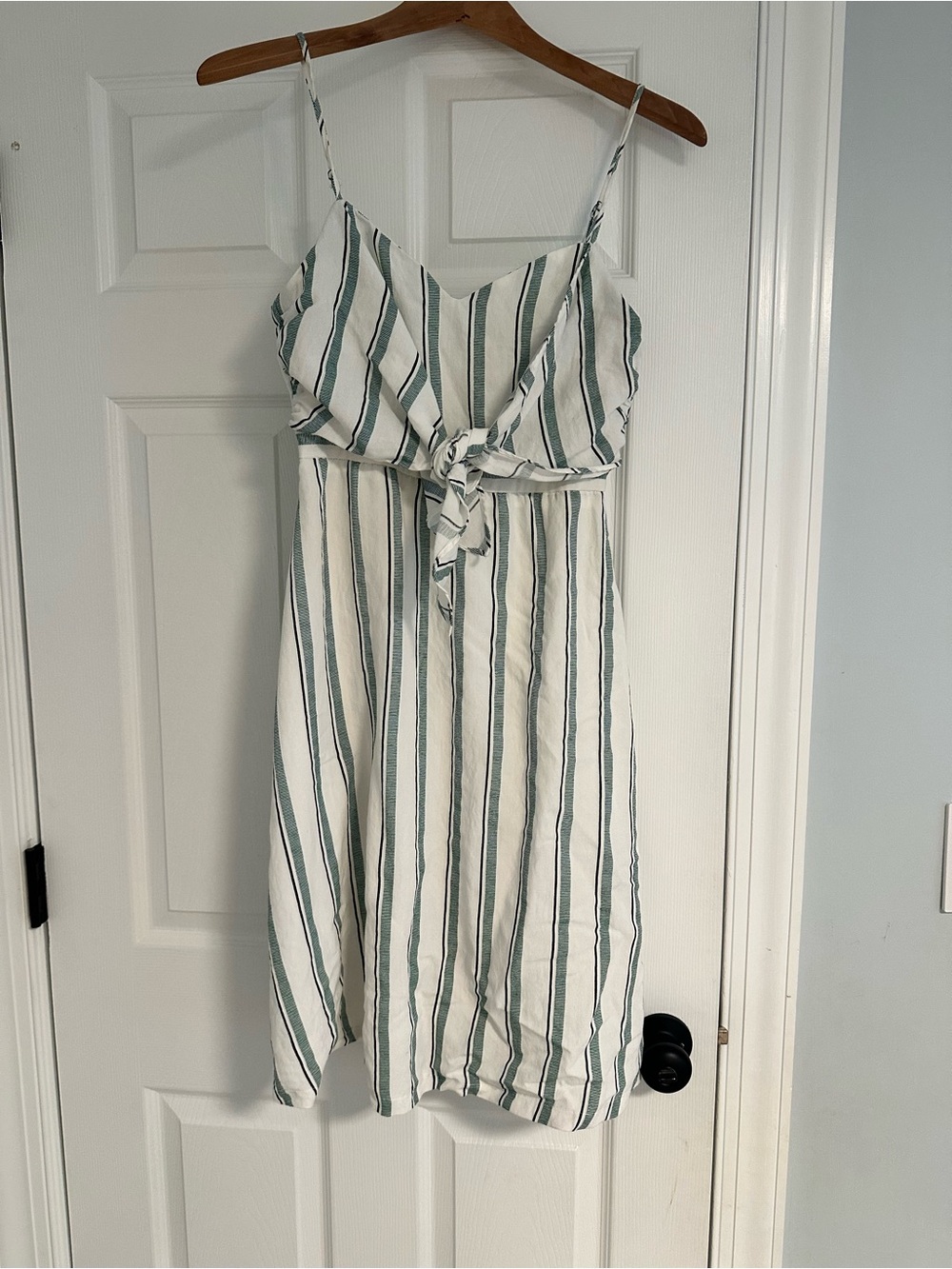 Lush White Mini Dress with Green and Black Stripes and Front Tie, size M